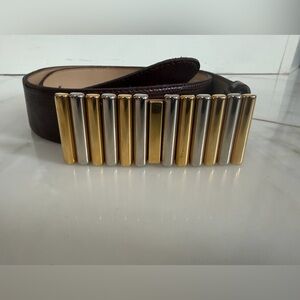 Emmanuel dark brown iguana lizard leather belt metallic buckle 33” long medium